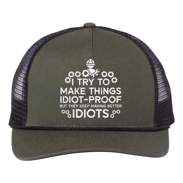 Try To Make Things Idiot Proof Funny Auto Mechanic Retro Rope Trucker Hat Cap