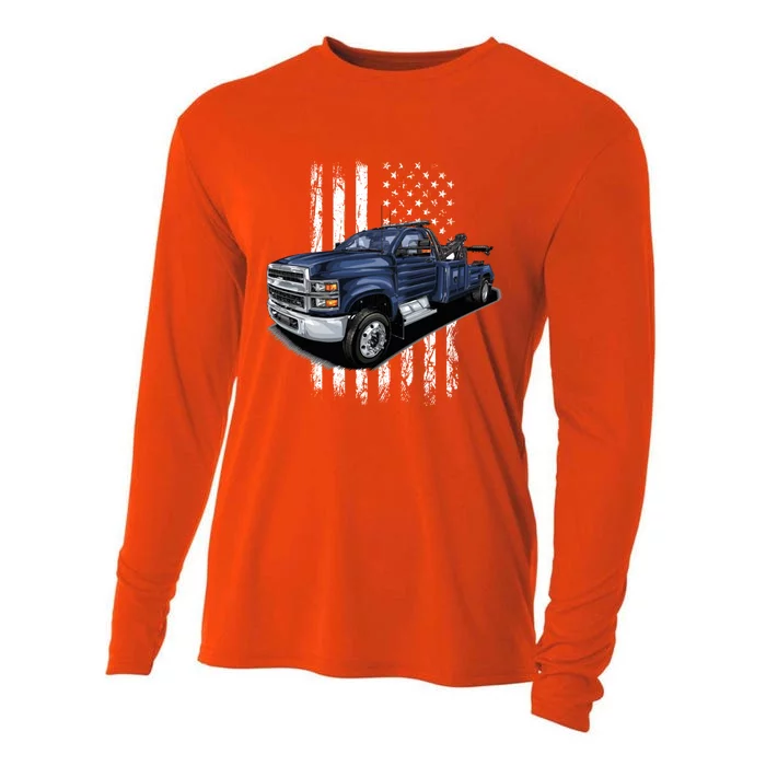 Tow Truck On American Flag Gift Cooling Performance Long Sleeve Crew