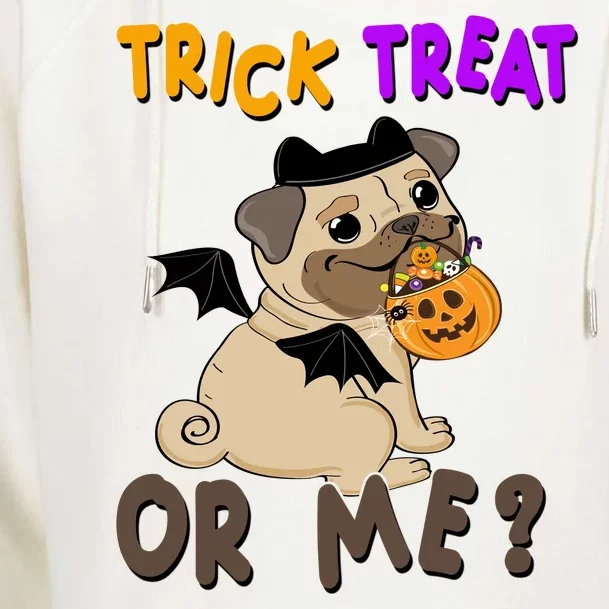 Trick Treat Or Me Pug Dog Halloween Womens Funnel Neck Pullover Hood