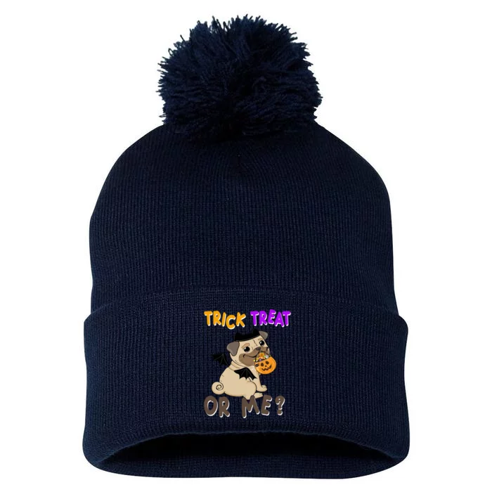 Trick Treat Or Me Pug Dog Halloween Pom Pom 12in Knit Beanie