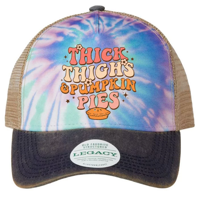 Thick Thighs Pumpkin Pies Autumn Thanksgiving Groovy Retro Legacy Tie Dye Trucker Hat