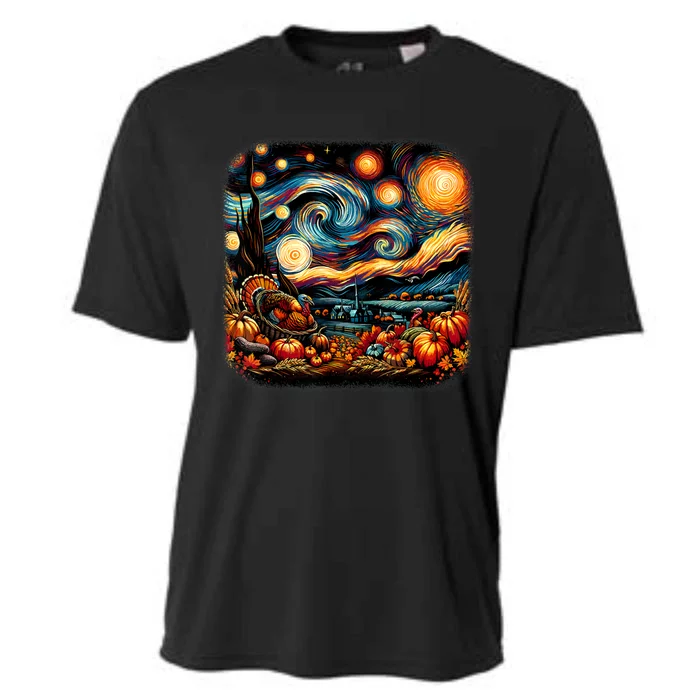 Thanksgiving Turkey & Pumpkin Harvest Starry Night Van Gough Cooling Performance Crew T-Shirt