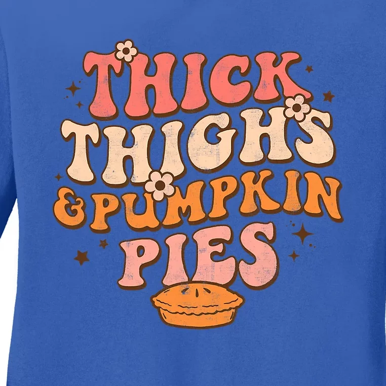 Thick Thighs Pumpkin Pies Autumn Thanksgiving Groovy Retro Gift Ladies Long Sleeve Shirt