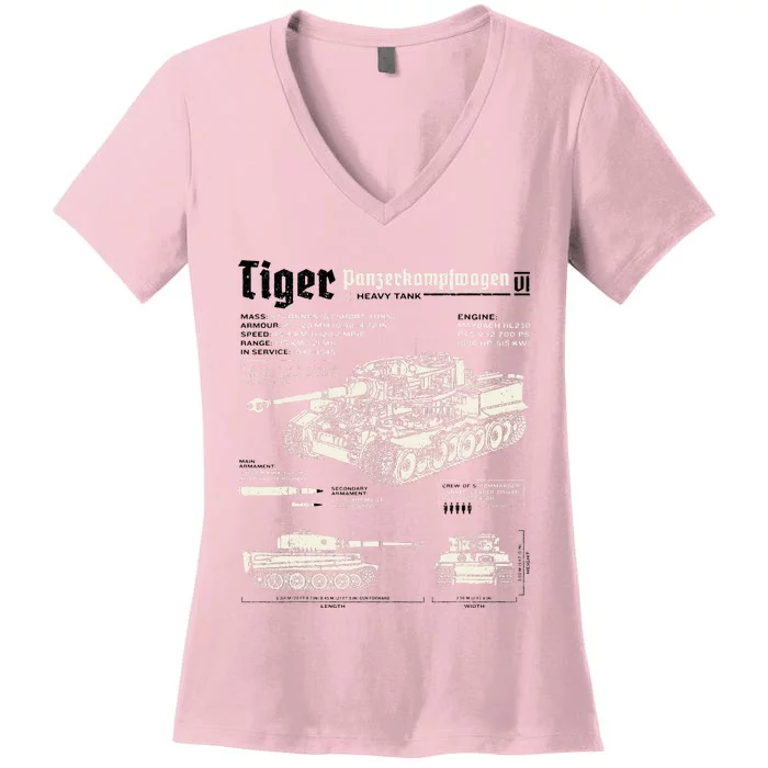 Tiger Tank Panzer World War 2 Blueprint Women's V-Neck T-Shirt