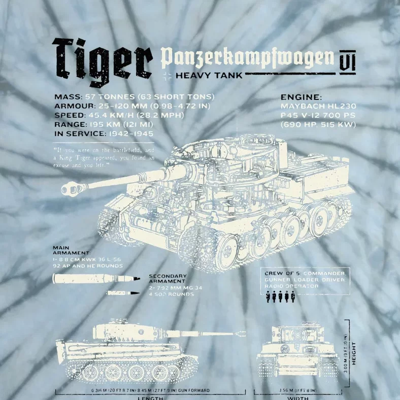 Tiger Tank Panzer World War 2 Blueprint Tie-Dye T-Shirt