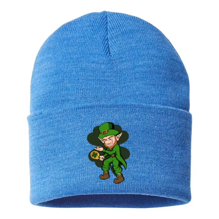 Table Tennis Player Leprechaun St Patrick's Day Table Tennis Funny Gift Sustainable Knit Beanie