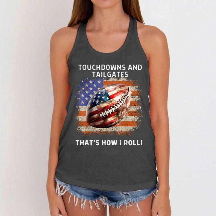 Touchdowns Tailgate Patriotic Football 4th Of July Usa American Flag How I Roll Women's Knotted Racerback Tank