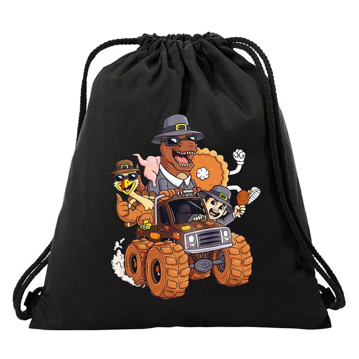 Thanksgiving Turkey Pie Pilgrim T Rex Riding Truck Drawstring Bag