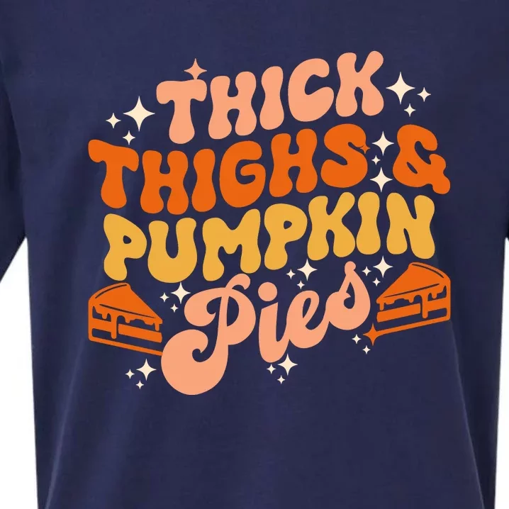 Thick Thighs Pumpkin Pies Autumn Thanksgiving Groovy Retro Sueded Cloud Jersey T-Shirt