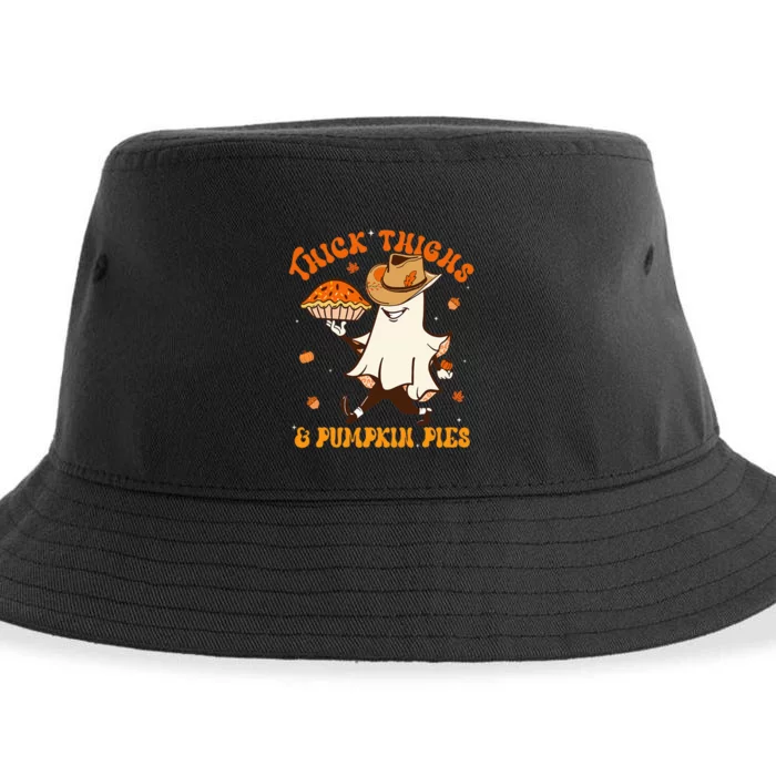 Thick Thighs Pumpkin Pies Howdy Ghost Halloween Thanksgiving Sustainable Bucket Hat