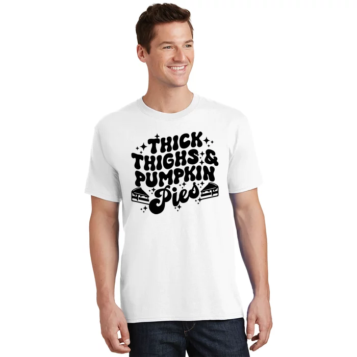 Thick Thighs Pumpkin Pies Autumn Thanksgiving Groovy Retro T-Shirt