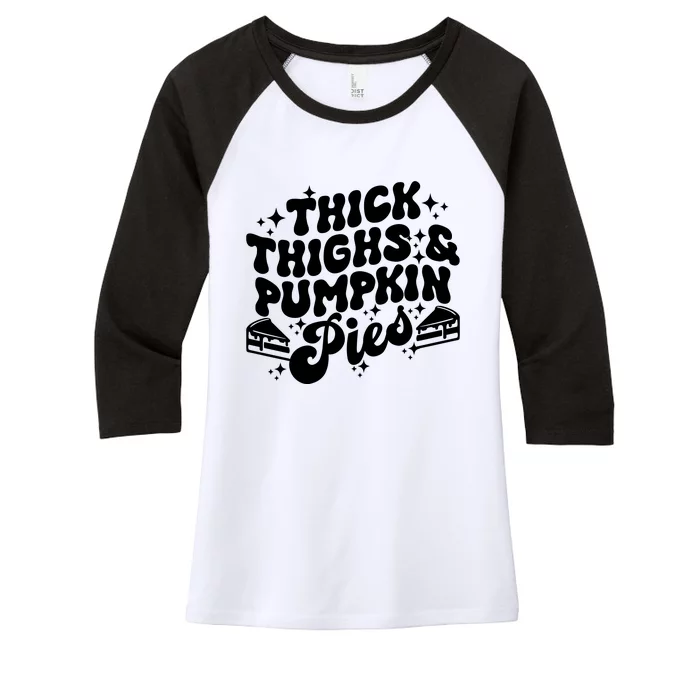 Thick Thighs Pumpkin Pies Autumn Thanksgiving Groovy Retro Women's Tri-Blend 3/4-Sleeve Raglan Shirt