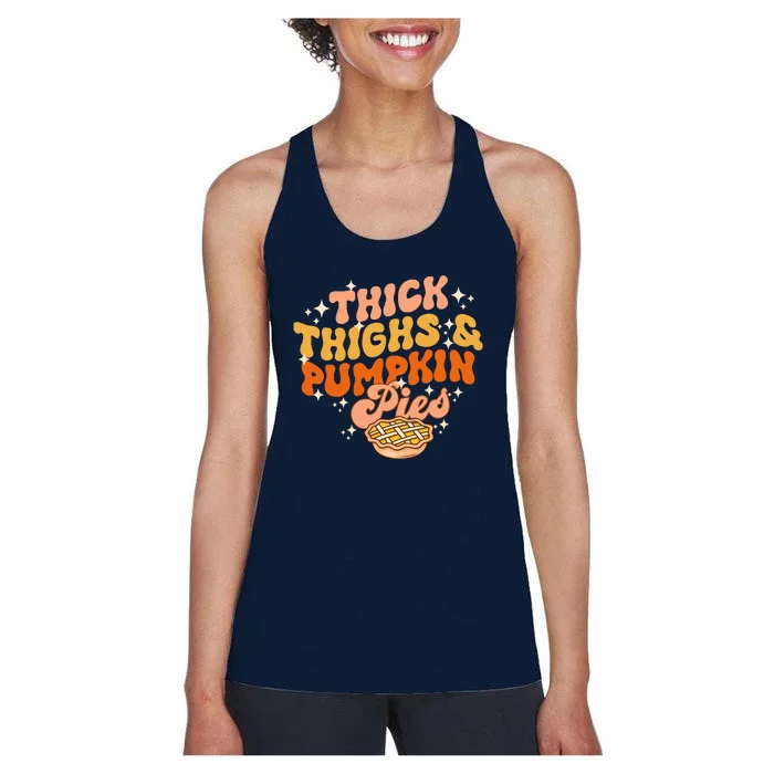 Thick Thighs Pumpkin Pies Autumn Thanksgiving Groovy Retro Women's Racerback Tank