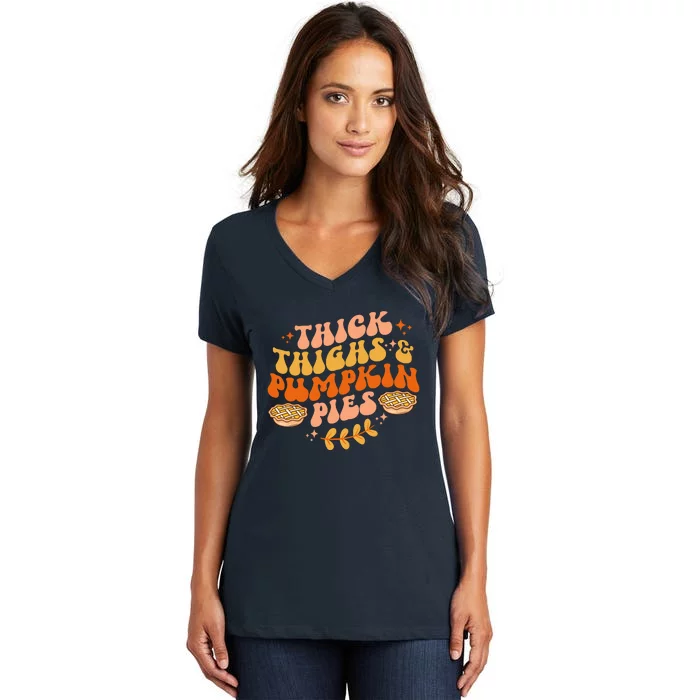 Thick Thighs Pumpkin Pies Autumn Thanksgiving Groovy Retro Women's V-Neck T-Shirt