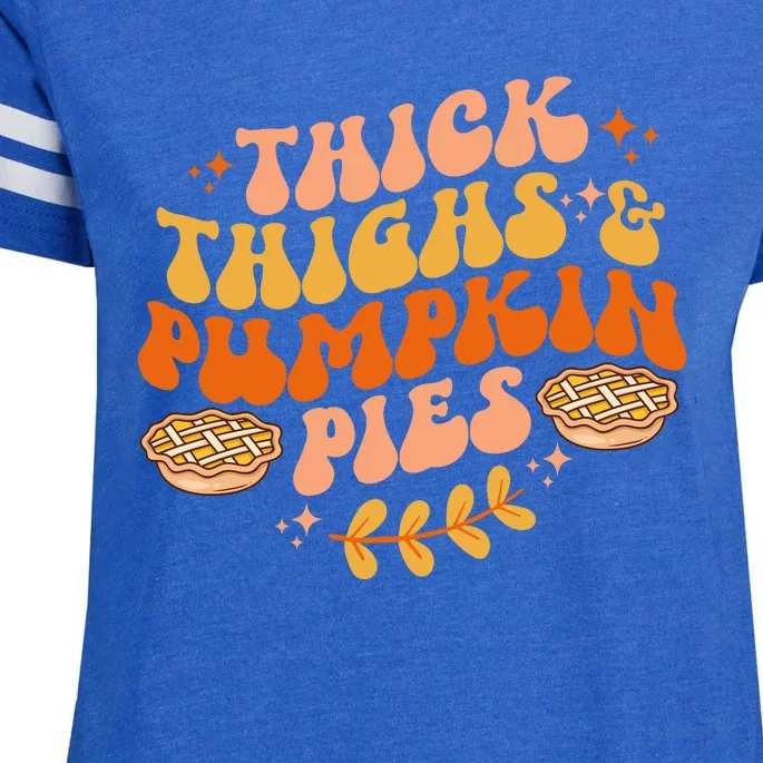 Thick Thighs Pumpkin Pies Autumn Thanksgiving Groovy Retro Enza Ladies Jersey Football T-Shirt