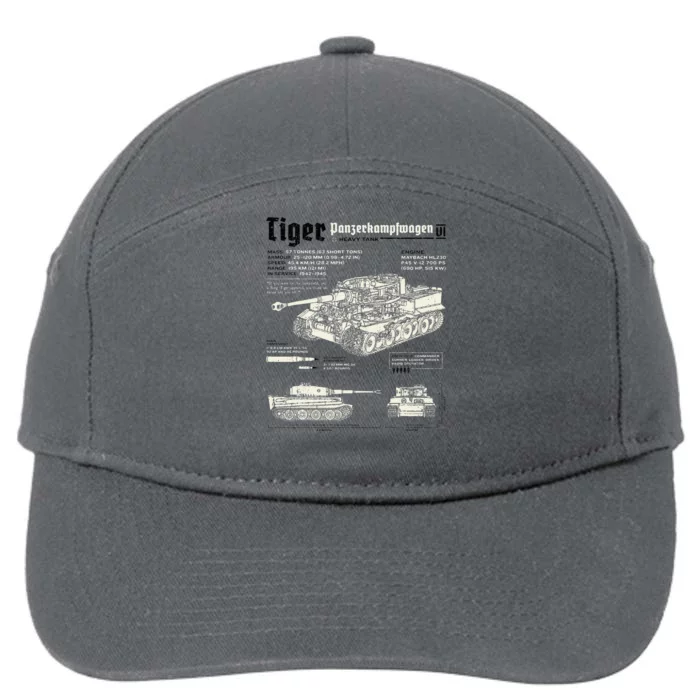 Tiger Tank Panzer World War 2 Blueprint 7-Panel Snapback Hat