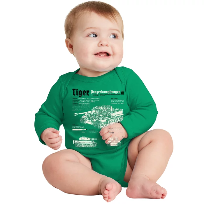 Tiger Tank Panzer World War 2 Blueprint Baby Long Sleeve Bodysuit