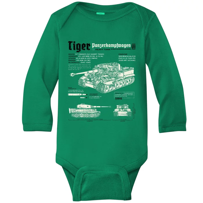 Tiger Tank Panzer World War 2 Blueprint Baby Long Sleeve Bodysuit