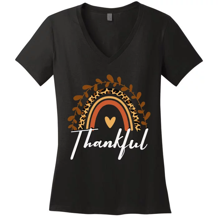 Thankful Thanksgiving Rainbow Leopard Print Wo Fall Women's V-Neck T-Shirt