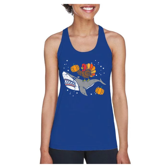 Thanksgiving Turkey Riding Shark Funny Women's Racerback Tank