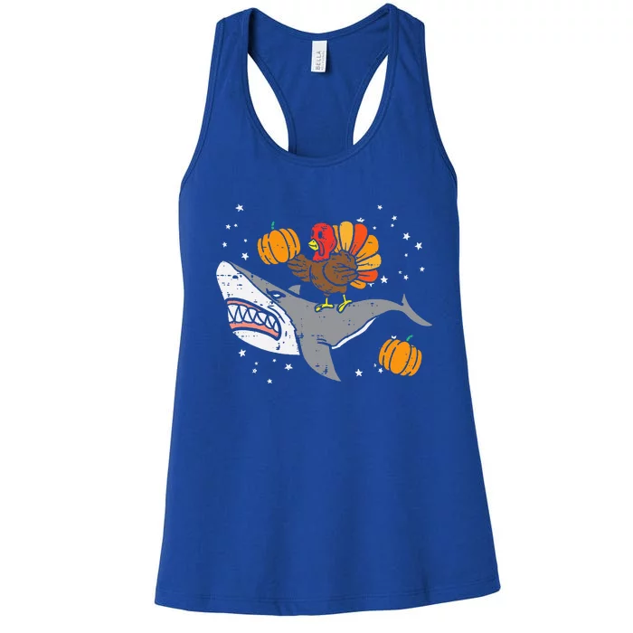 Thanksgiving Turkey Riding Shark Funny Women's Racerback Tank