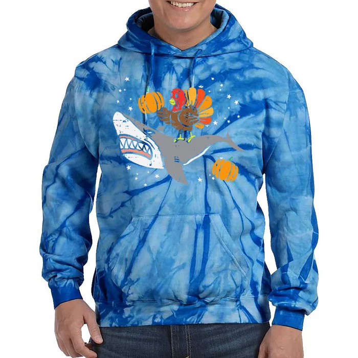 Thanksgiving Turkey Riding Shark Funny Tie Dye Hoodie