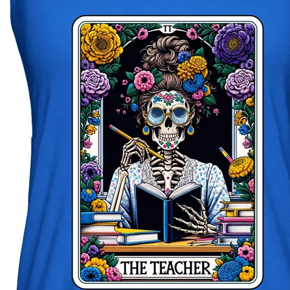 The Teacher Reading Book Skeleton Floral Funny Tarot Cards Gift Ladies Essential Flowy Tank