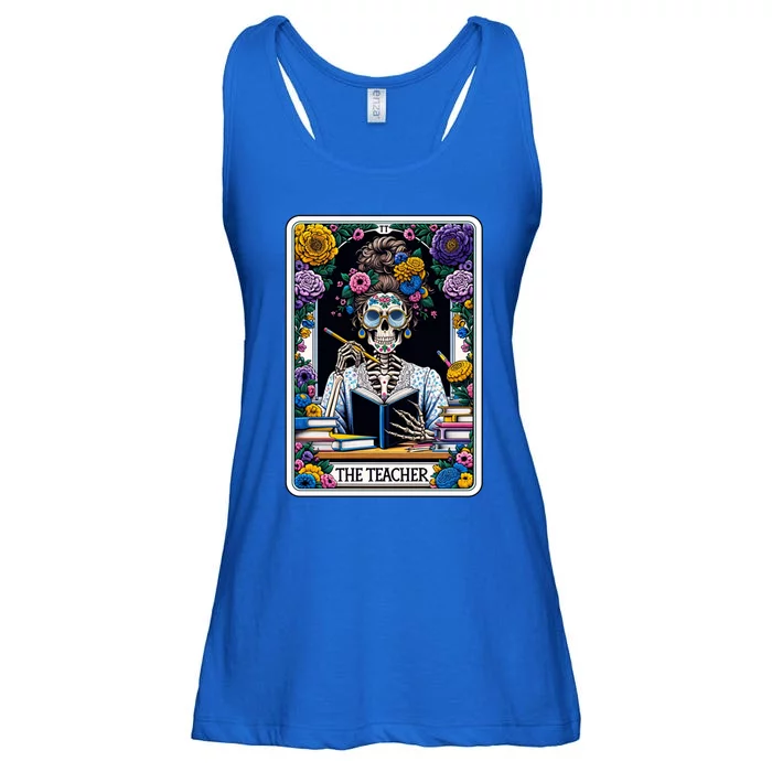 The Teacher Reading Book Skeleton Floral Funny Tarot Cards Gift Ladies Essential Flowy Tank