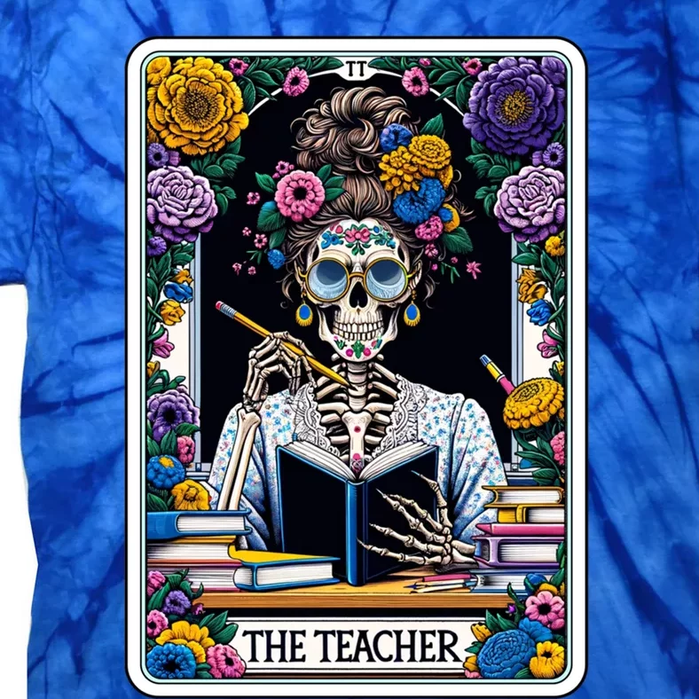 The Teacher Reading Book Skeleton Floral Funny Tarot Cards Gift Tie-Dye T-Shirt