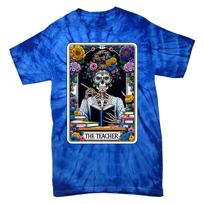 The Teacher Reading Book Skeleton Floral Funny Tarot Cards Gift Tie-Dye T-Shirt