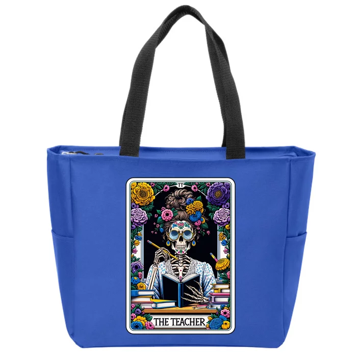 The Teacher Reading Book Skeleton Floral Funny Tarot Cards Gift Zip Tote Bag