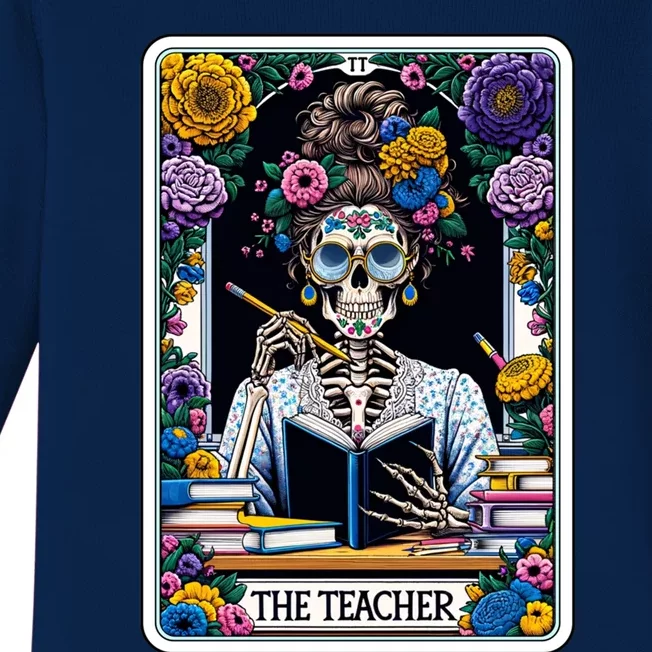 The Teacher Reading Book Skeleton Floral Funny Tarot Cards Gift Baby Long Sleeve Bodysuit