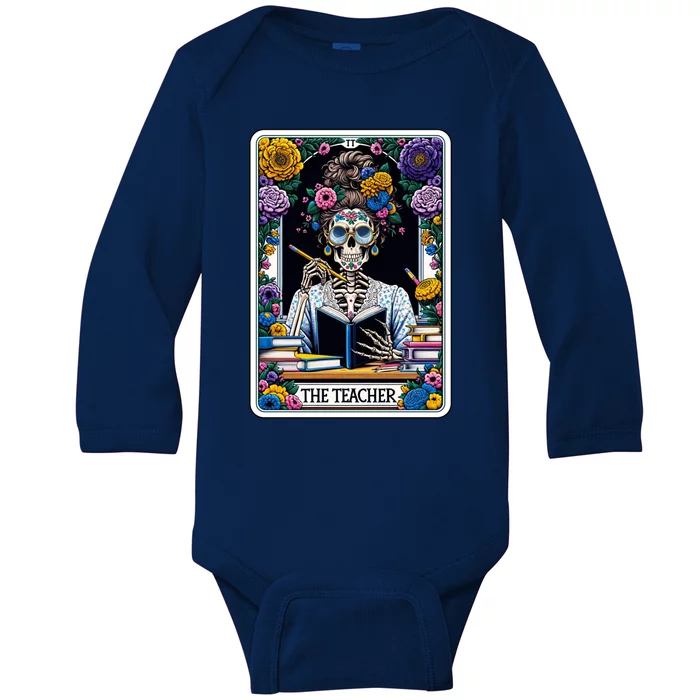 The Teacher Reading Book Skeleton Floral Funny Tarot Cards Gift Baby Long Sleeve Bodysuit