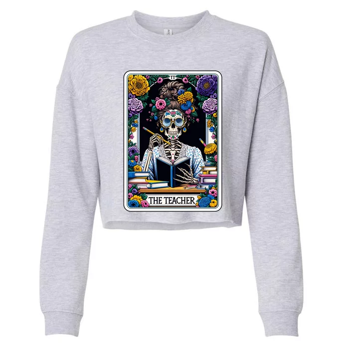 The Teacher Reading Book Skeleton Floral Funny Tarot Cards Gift Cropped Pullover Crew