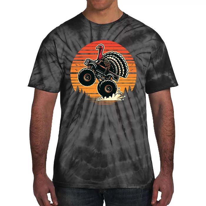 Thanksgiving Turkey Riding Monster Truck Sunset Turkey Tie-Dye T-Shirt