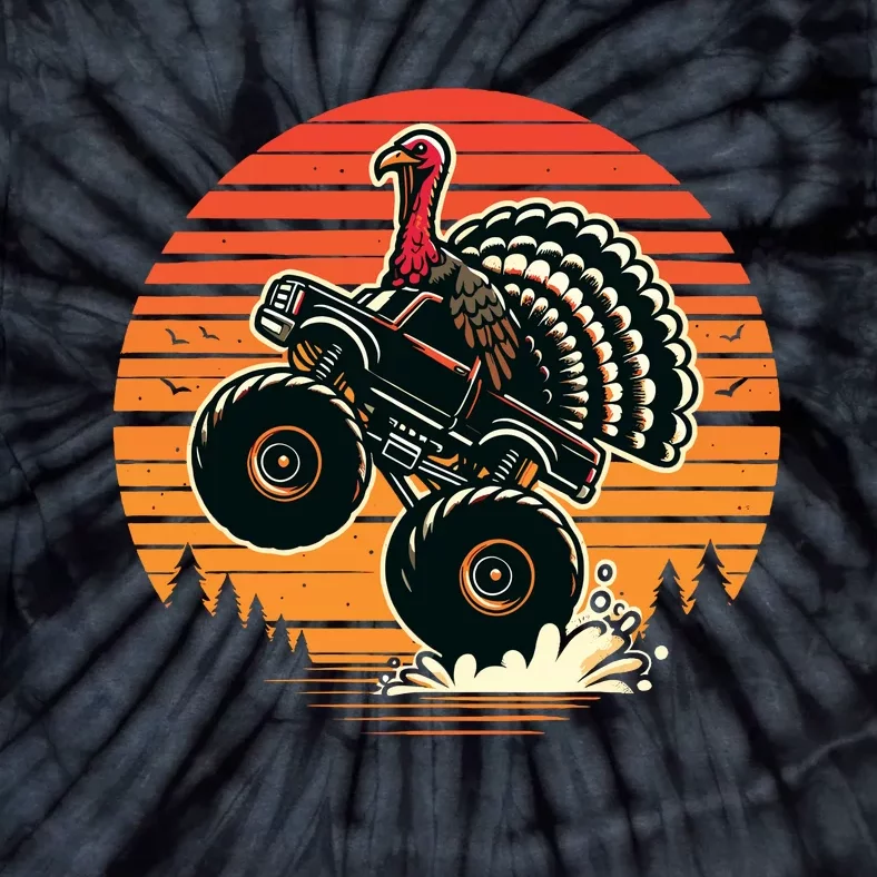 Thanksgiving Turkey Riding Monster Truck Sunset Turkey Tie-Dye T-Shirt