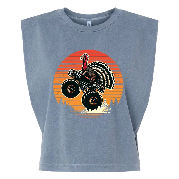 Thanksgiving Turkey Riding Monster Truck Sunset Turkey Garment-Dyed Women's Muscle Tee