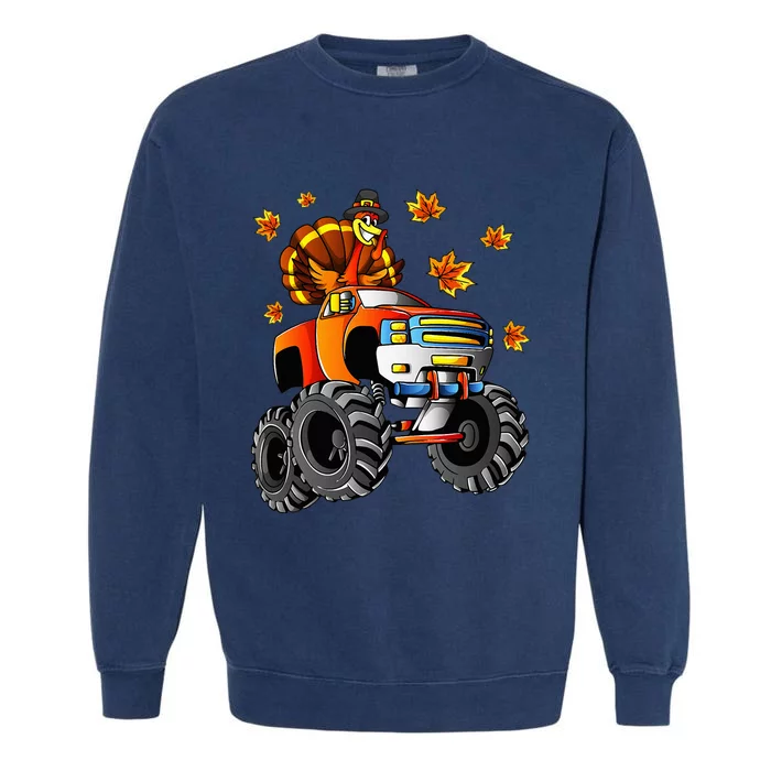 Thanksgiving Turkey Riding Monster Truck Garment-Dyed Sweatshirt