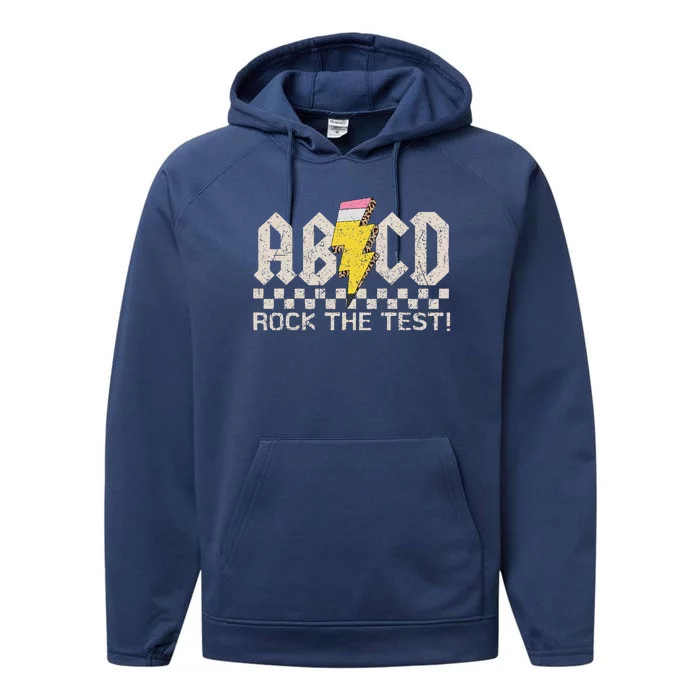 Teacher Testing Retro Abcd Rock The Test Day Funny School Performance Fleece Hoodie