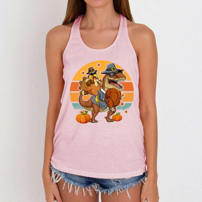 Thanksgiving Turkey Riding T Rex Dinosaur Toddler Boys Meaningful Gift Women's Knotted Racerback Tank