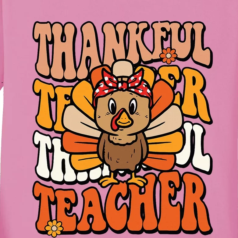 Thankful Teacher Retro Groovy Thanksgiving Turkey Teacher Kids Long Sleeve Shirt