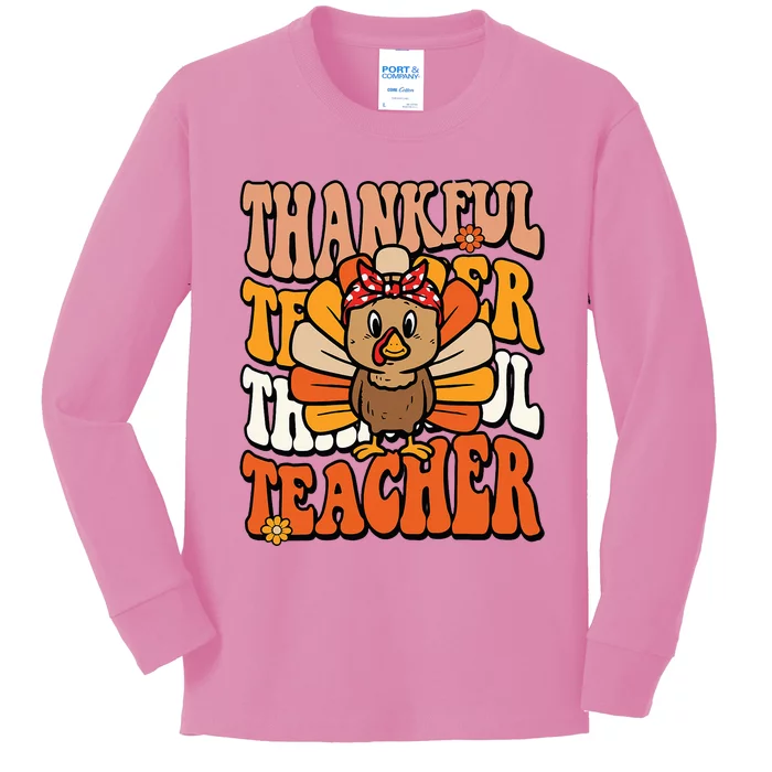 Thankful Teacher Retro Groovy Thanksgiving Turkey Teacher Kids Long Sleeve Shirt