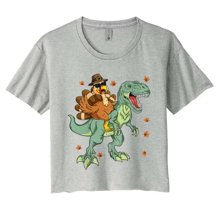 Thanksgiving Turkey Riding T Rex Dinosaur Toddler Boys Gift Women's Crop Top Tee