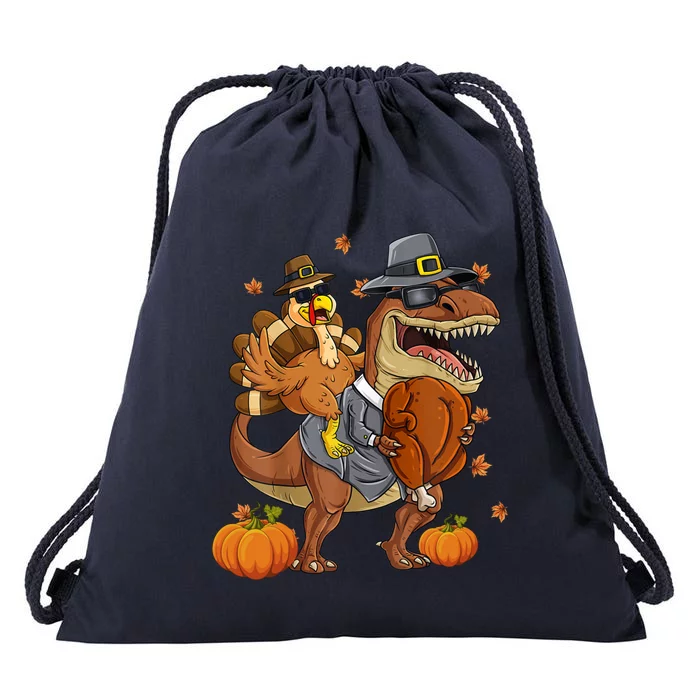 Thanksgiving Turkey Riding T Rex Dinosaur Toddler Boys Gift Drawstring Bag