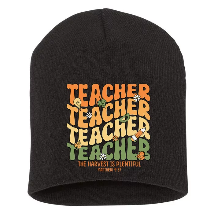 Thankful Teacher Retro Groovy Thanksgiving Fall Short Acrylic Beanie