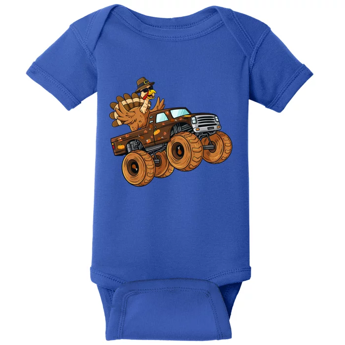 Thanksgiving Turkey Riding Monster Truck Boys Gift Baby Bodysuit