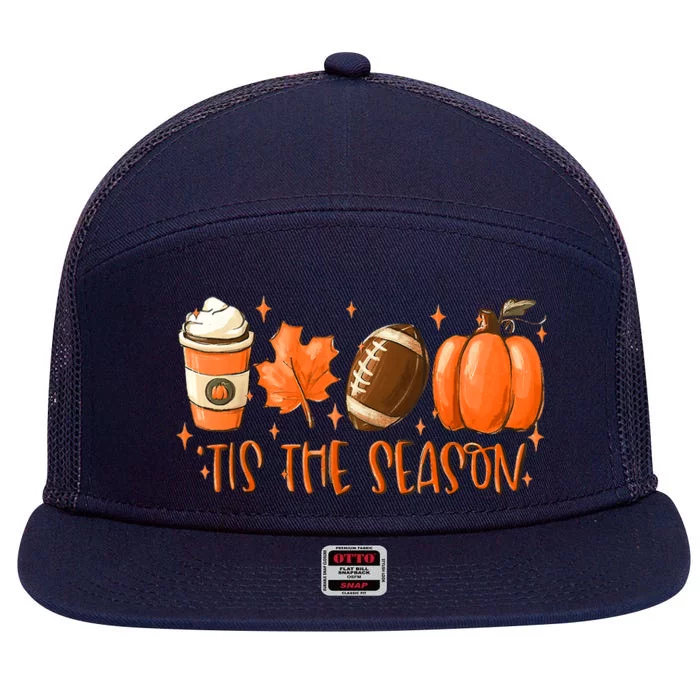 Tis The Season Football Coffee Latte Leaves Thanksgiving 7 Panel Mesh Trucker Snapback Hat