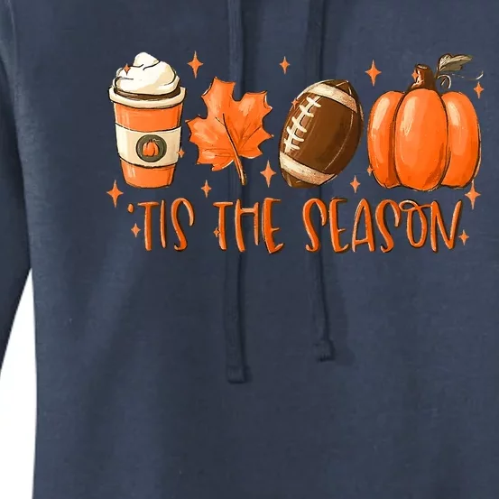 Tis The Season Football Coffee Latte Leaves Thanksgiving Women's Pullover Hoodie