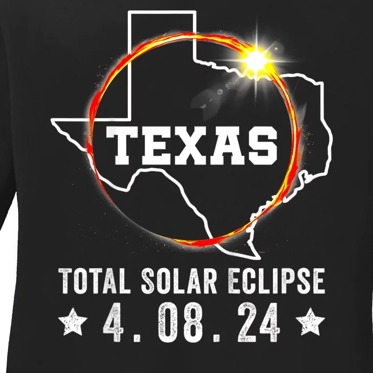 Texas Total Solar Eclipse April 8 2024 Texas Map Ladies Long Sleeve Shirt