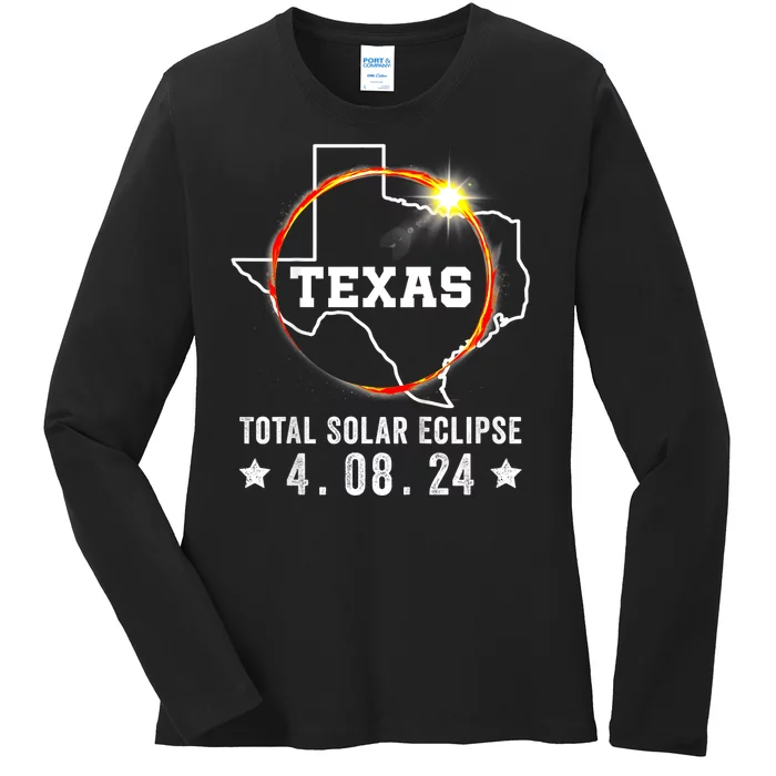 Texas Total Solar Eclipse April 8 2024 Texas Map Ladies Long Sleeve Shirt